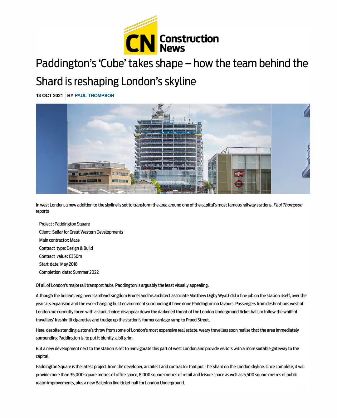 Paddington Square su Construction News